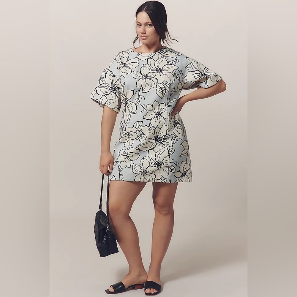 Anthropologie Light Blue Floral Mini Shift Dress